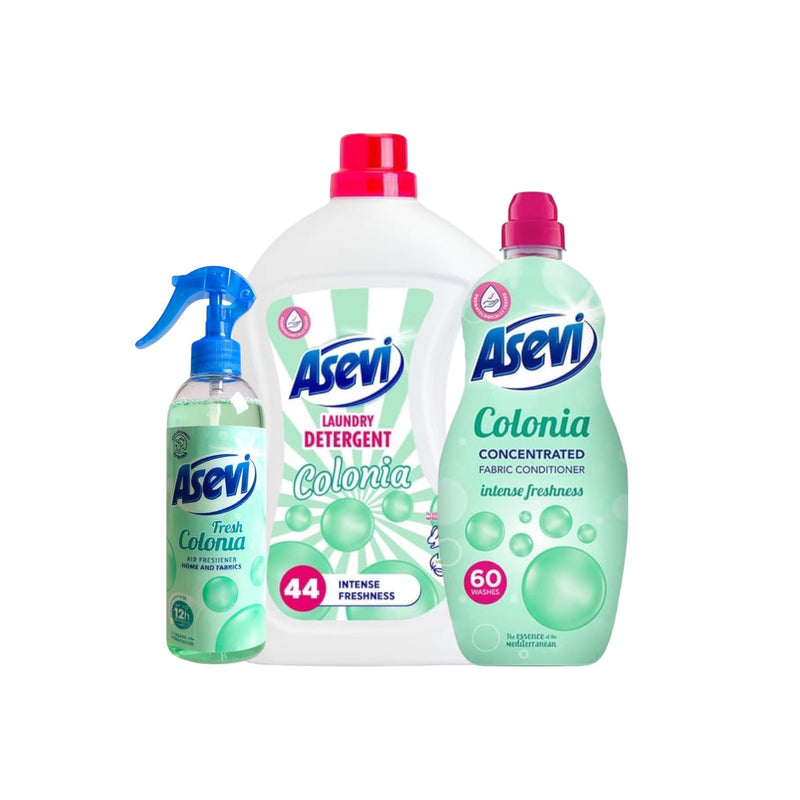 Asevi Colonia Trio Detergent Softener & Room Linen Spray Concentrated Fabric Conditioner Intense Freshness 44 Loads