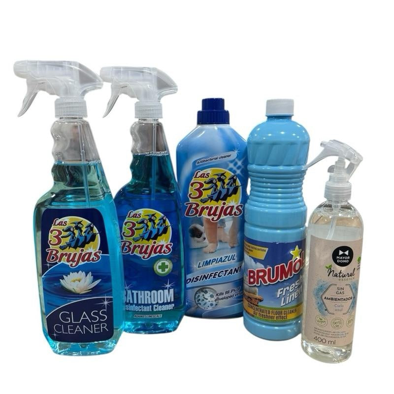 Blueness Bundle - 3 witches Glass Cleaner, Bathroom Disinfectant, brumol  Fresh Linen Floor Cleaner & Blue sky room spray