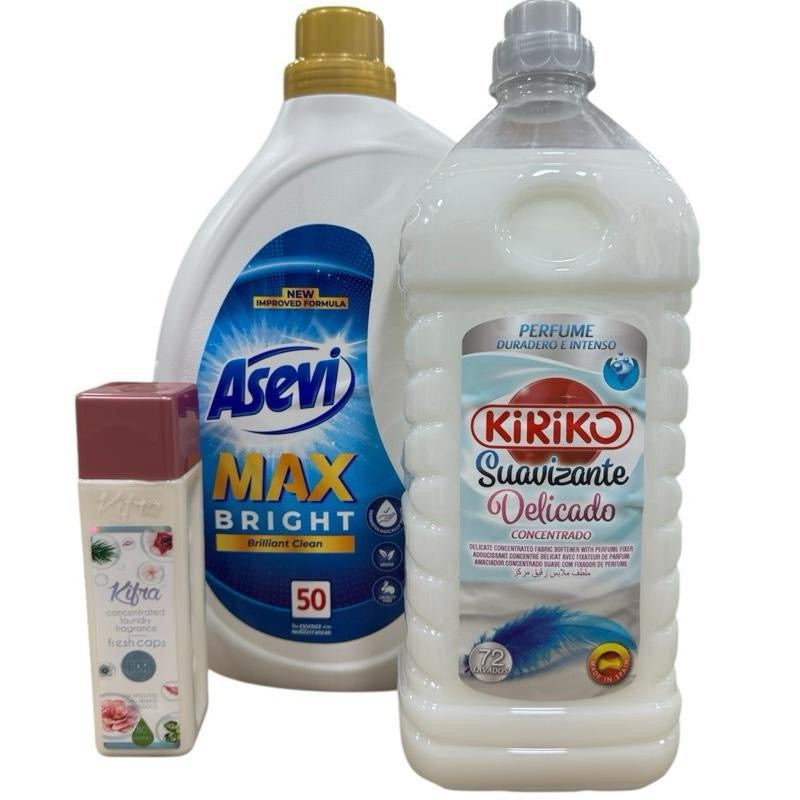 Delicate cleaning bundle - Asevi max bright detergent , kiriko delicate softener & Kifra fresh caps