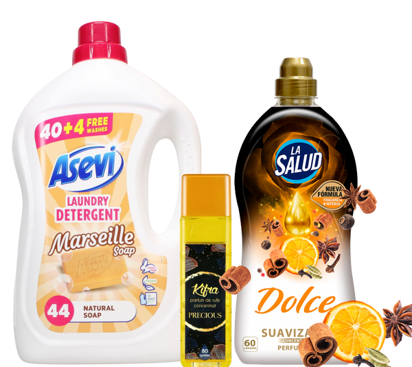 Autumn Laundry Cleaning Bundle - Asevi 44 Natural Soap Detergent, Precious Kifra & La Salud Dolce Suavizado Softener 60ml Bottle