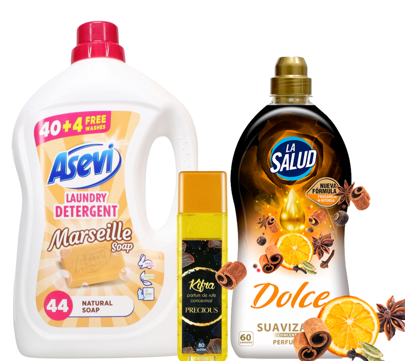 Autumn Laundry Cleaning Bundle - Asevi 44 Natural Soap Detergent, Precious Kifra & La Salud Dolce Suavizado Softener 60ml Bottle